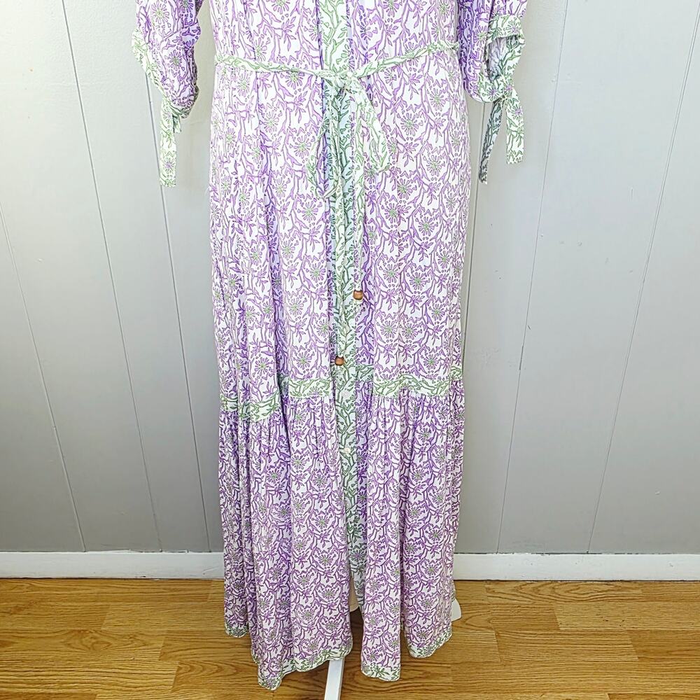Cactus + Pearl Purple Green Floral Maxi Dress XXL Tie Sleeve Boho Cottagecore - Picture 4 of 15